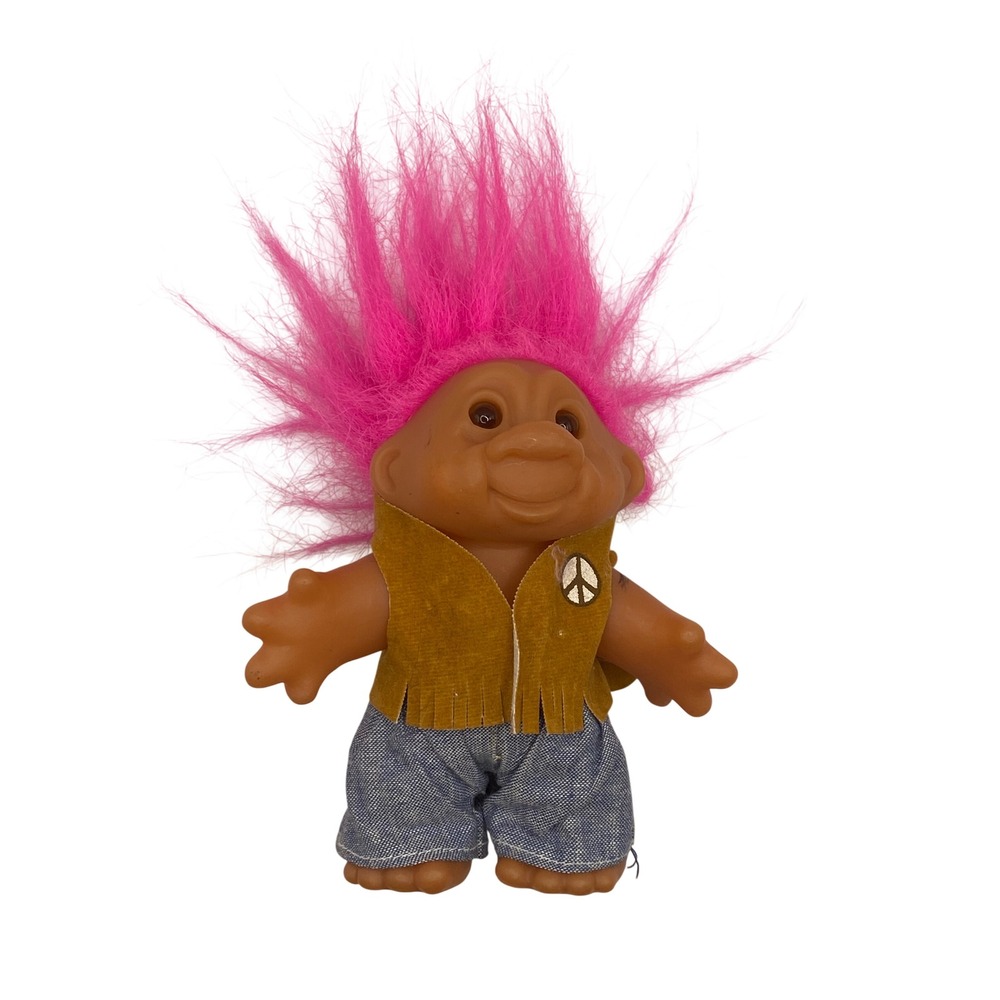 Vintage 1986 Thomas Dam Troll Doll Pink Hair Hippie Peace Sign Vest 5 inch
